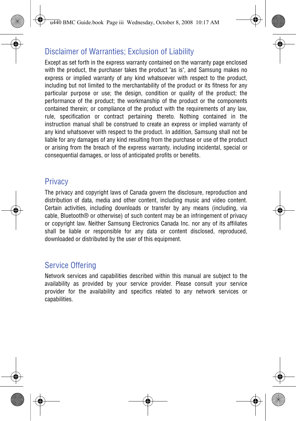 Disclaimer of warranties; exclusion of liability, Privacy, Service offering | Samsung SCH-U440 User Manual | Page 3 / 128