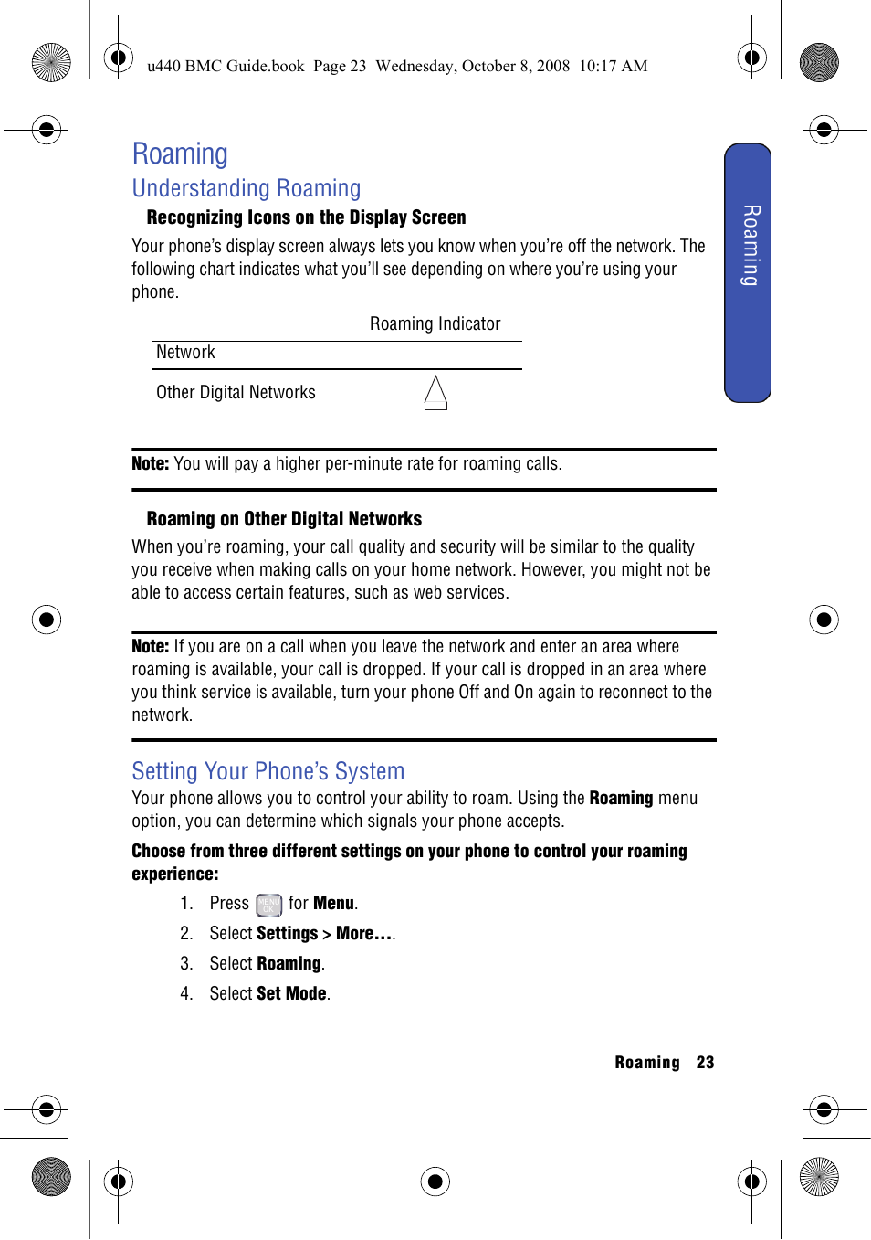 Roaming, Understanding roaming, Recognizing icons on the display screen | Roaming on other digital networks, Setting your phone’s system, Understanding roaming setting your phone’s system | Samsung SCH-U440 User Manual | Page 31 / 128