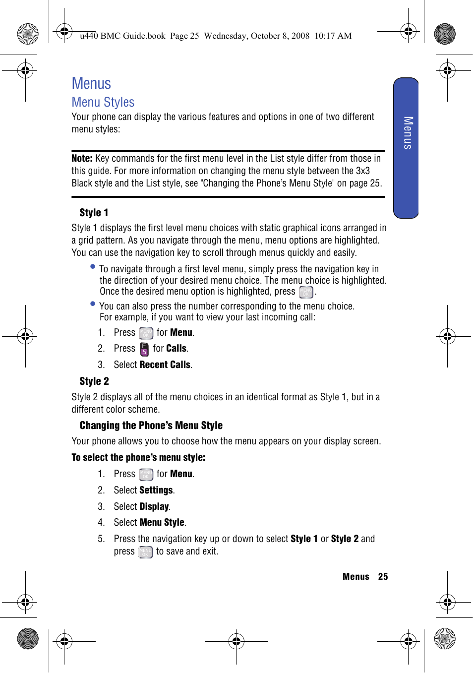 Menus, Menu styles, Style 1 | Style 2, Changing the phone’s menu style | Samsung SCH-U440 User Manual | Page 33 / 128