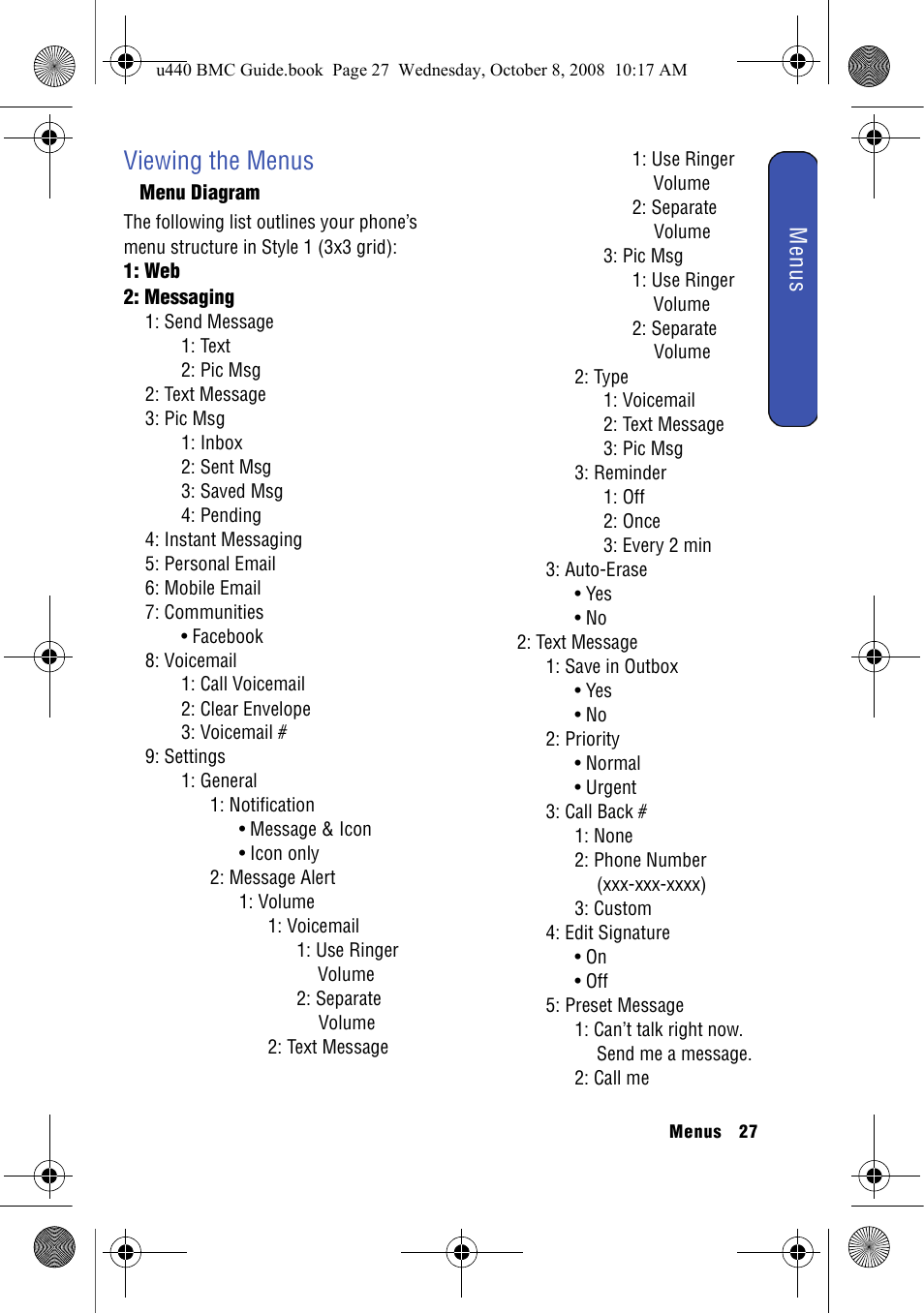 Viewing the menus, Menu diagram, Menus | Samsung SCH-U440 User Manual | Page 35 / 128