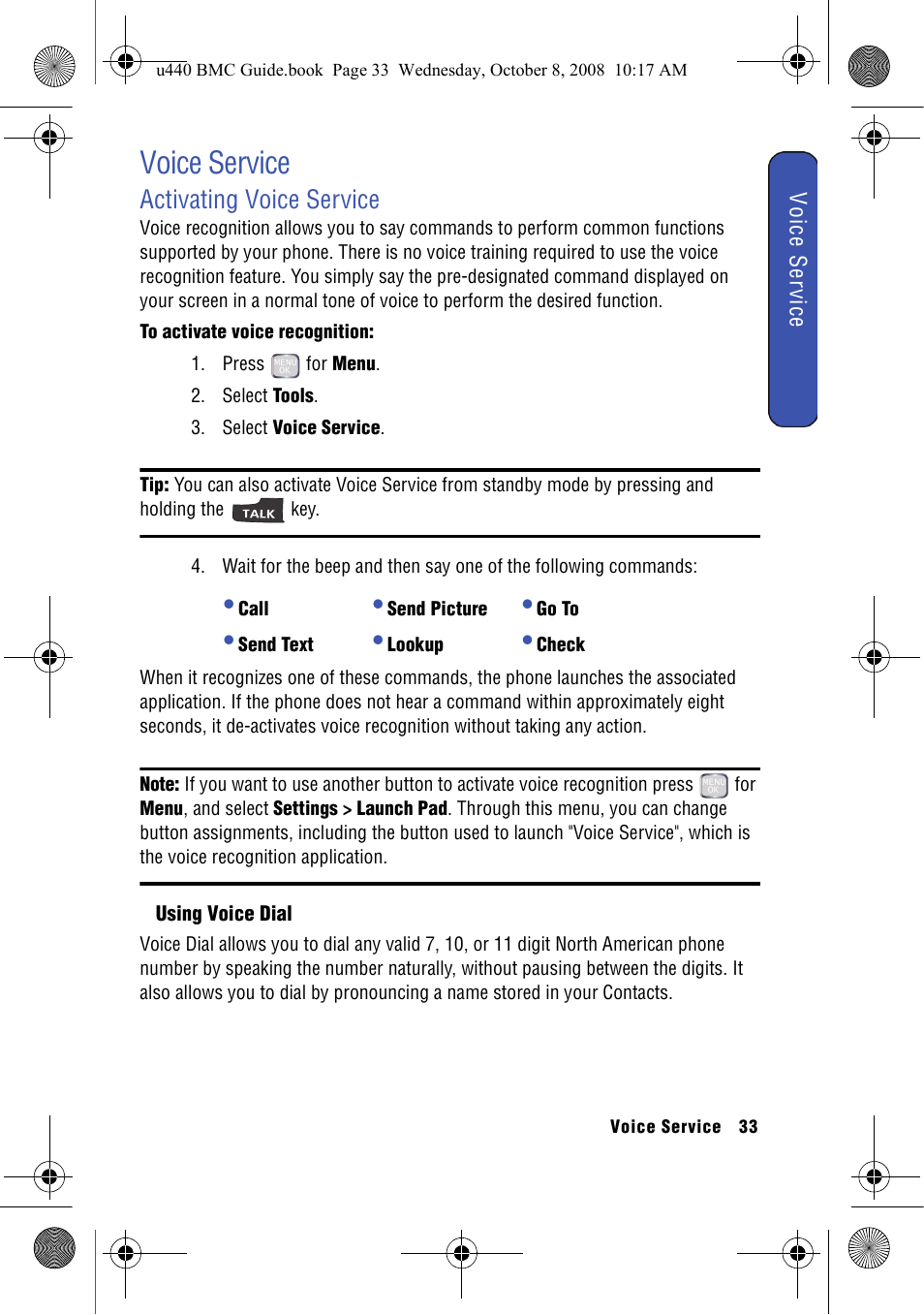 Voice service, Activating voice service, Using voice dial | Samsung SCH-U440 User Manual | Page 41 / 128