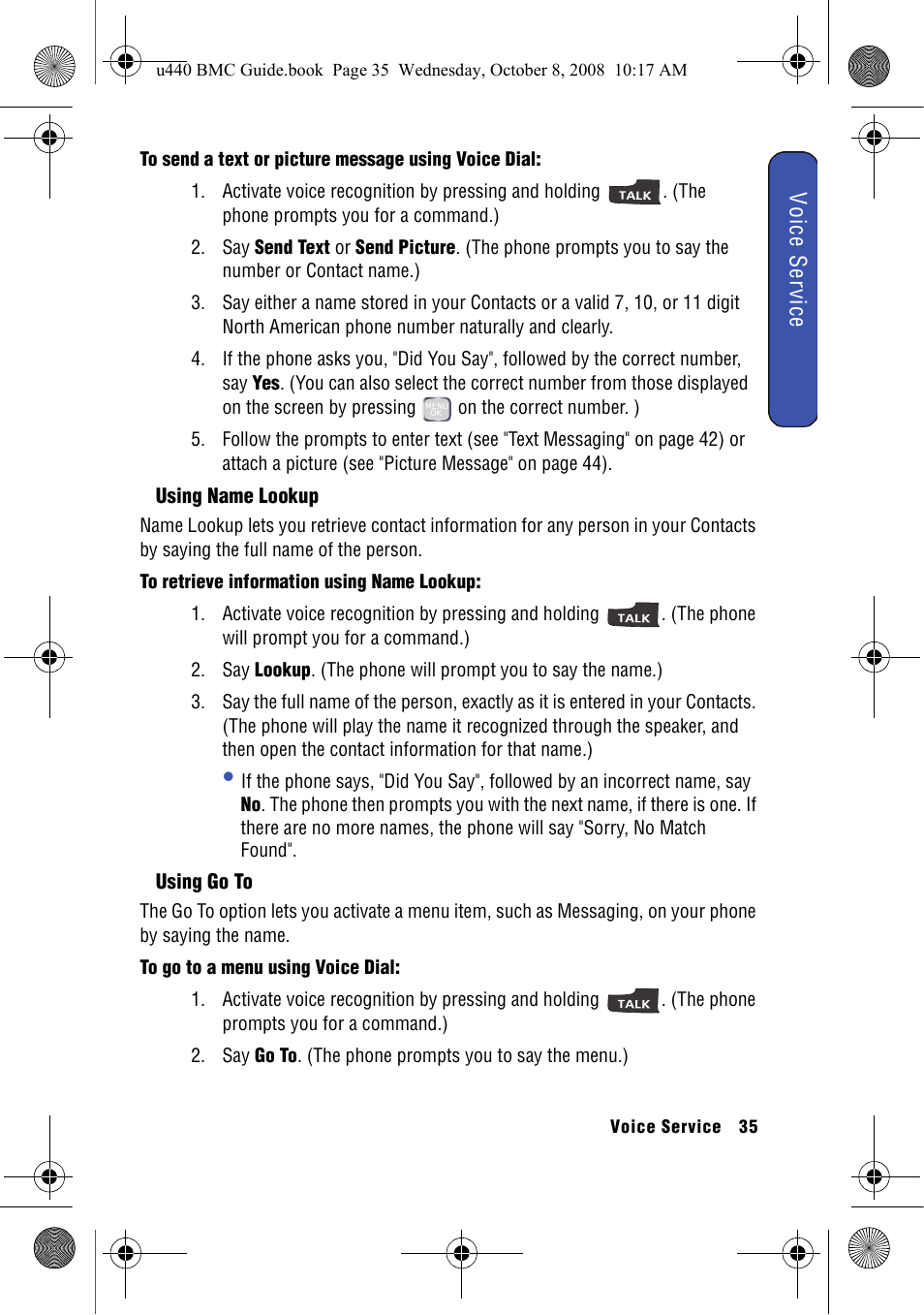 Using name lookup, Using go to, Voice s e rvice | Samsung SCH-U440 User Manual | Page 43 / 128