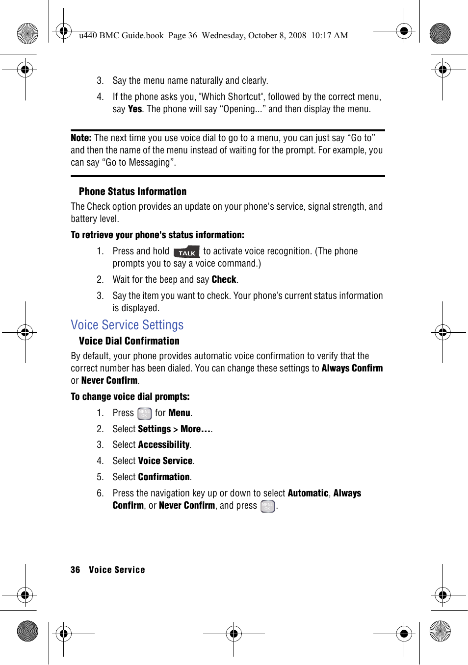 Phone status information, Voice service settings, Voice dial confirmation | Samsung SCH-U440 User Manual | Page 44 / 128