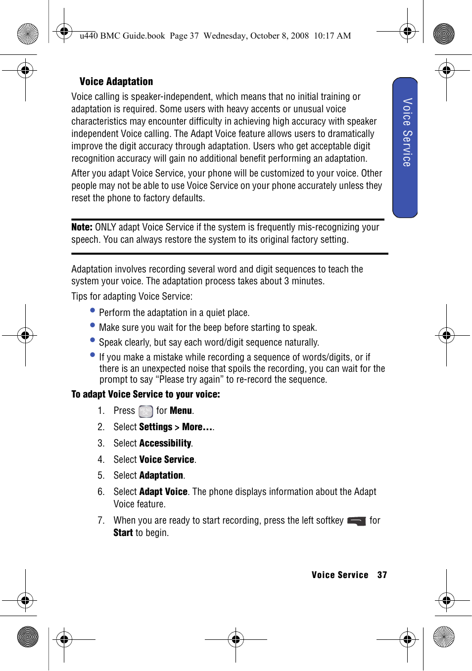 Voice adaptation | Samsung SCH-U440 User Manual | Page 45 / 128