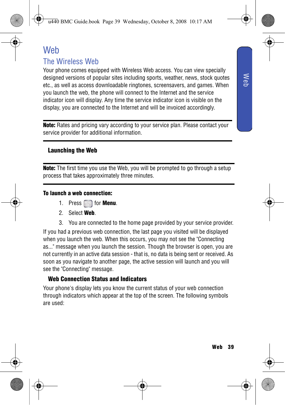 The wireless web, Launching the web, Web connection status and indicators | Samsung SCH-U440 User Manual | Page 47 / 128