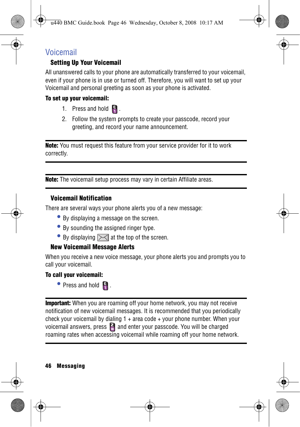 Voicemail, Setting up your voicemail, Voicemail notification | New voicemail message alerts | Samsung SCH-U440 User Manual | Page 54 / 128