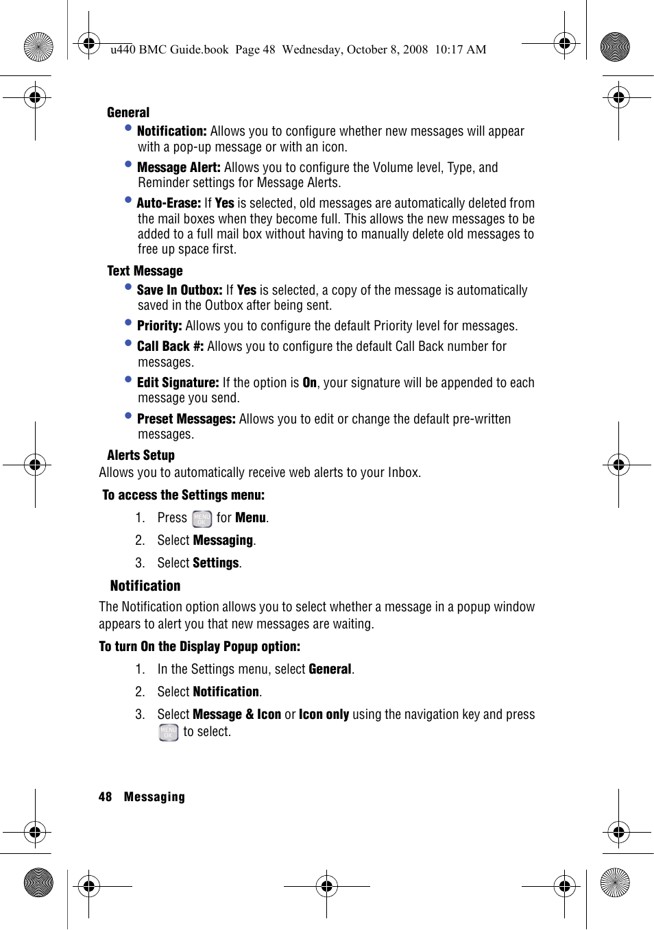 General, Text message, Alerts setup | Notification | Samsung SCH-U440 User Manual | Page 56 / 128