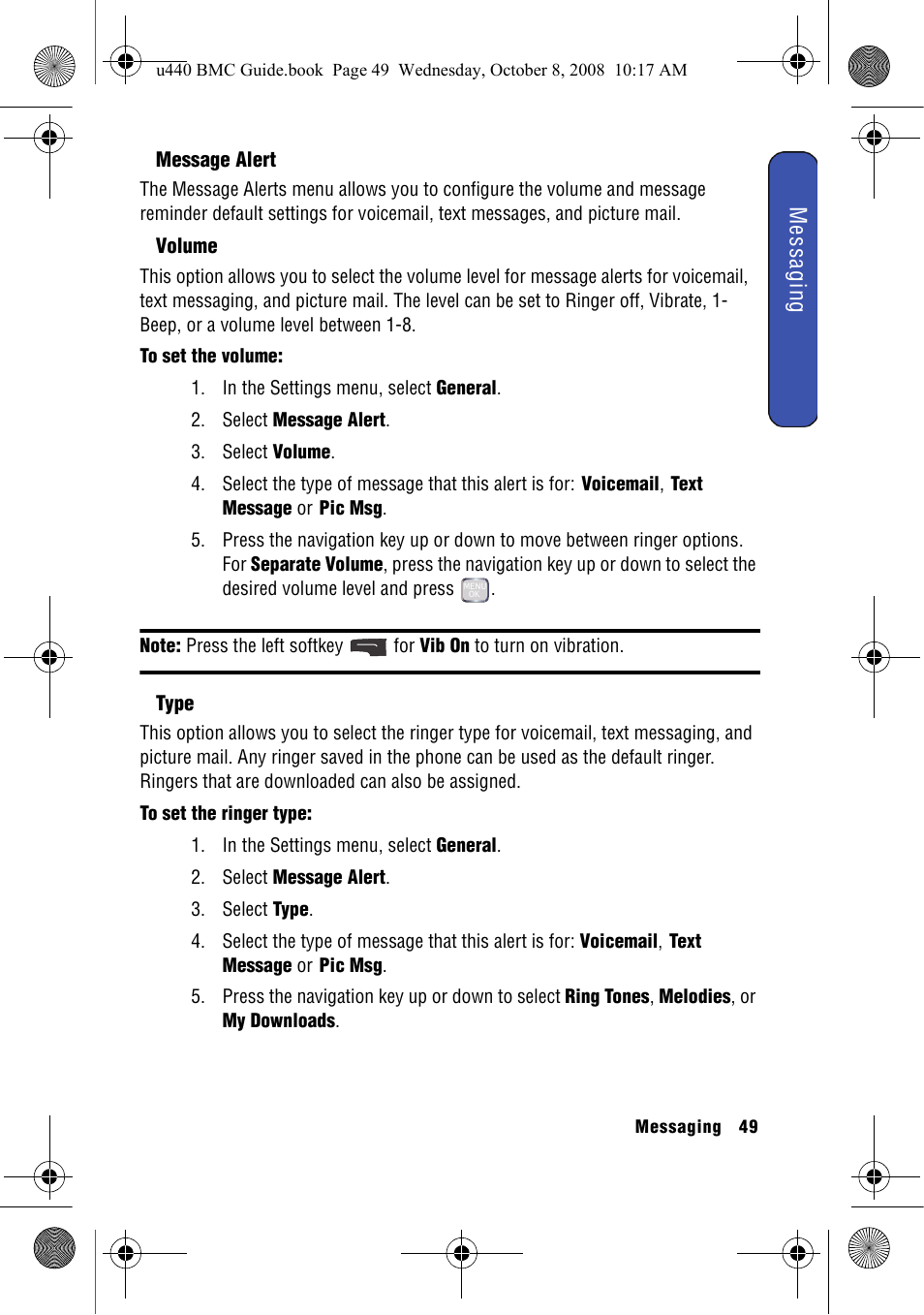 Message alert, Volume, Type | Samsung SCH-U440 User Manual | Page 57 / 128