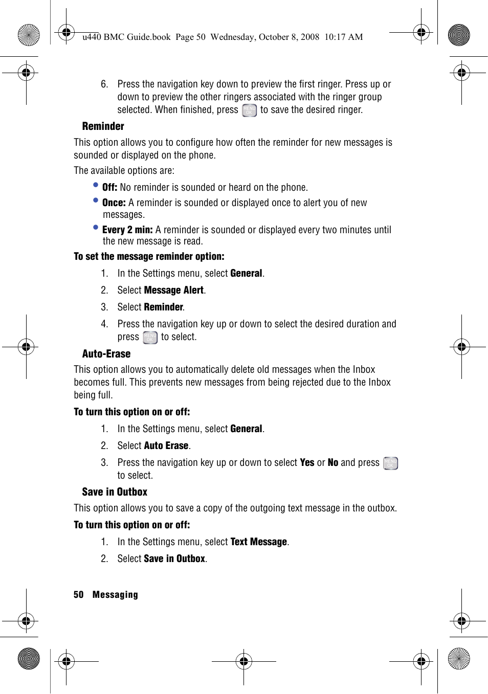 Reminder, Auto-erase, Save in outbox | Samsung SCH-U440 User Manual | Page 58 / 128