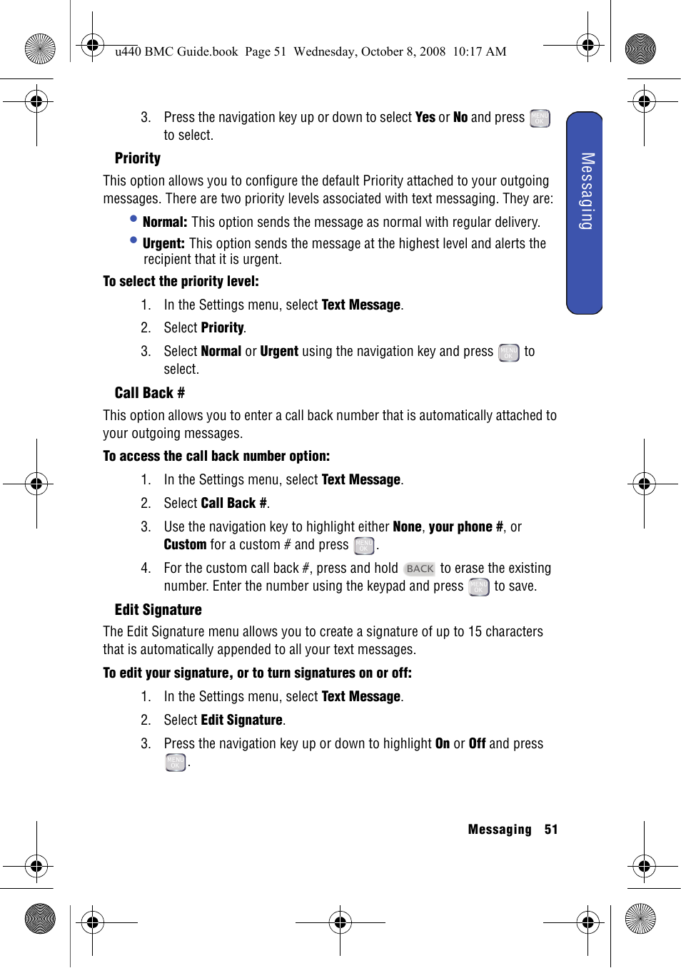 Priority, Call back, Edit signature | Messaging | Samsung SCH-U440 User Manual | Page 59 / 128