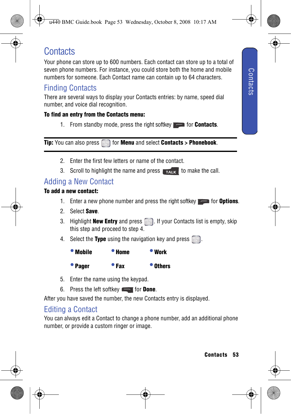 Contacts, Finding contacts, Adding a new contact | Editing a contact | Samsung SCH-U440 User Manual | Page 61 / 128