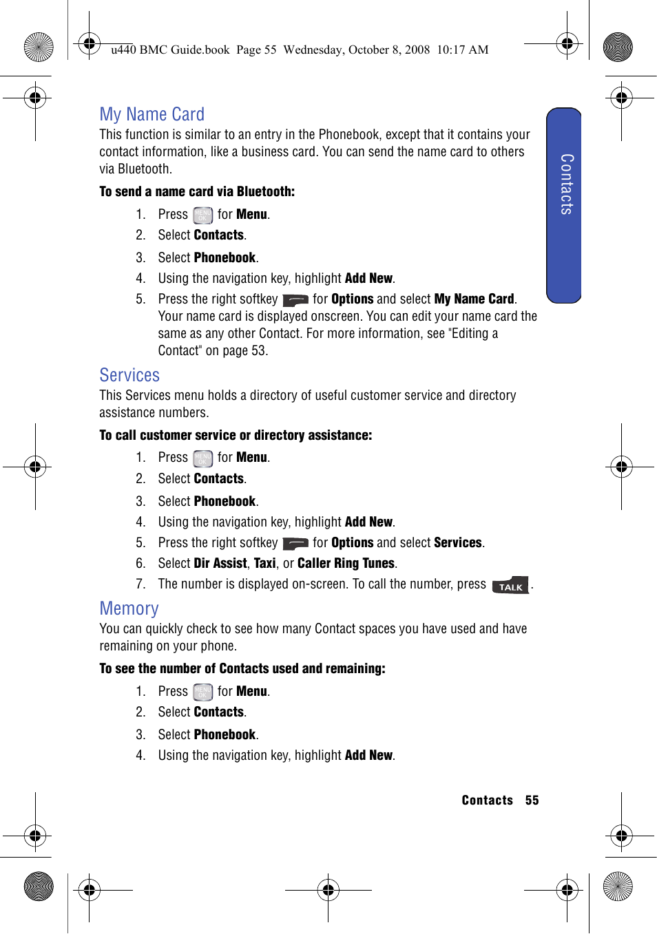 My name card, Services, Memory | My name card services memory, Cont acts | Samsung SCH-U440 User Manual | Page 63 / 128