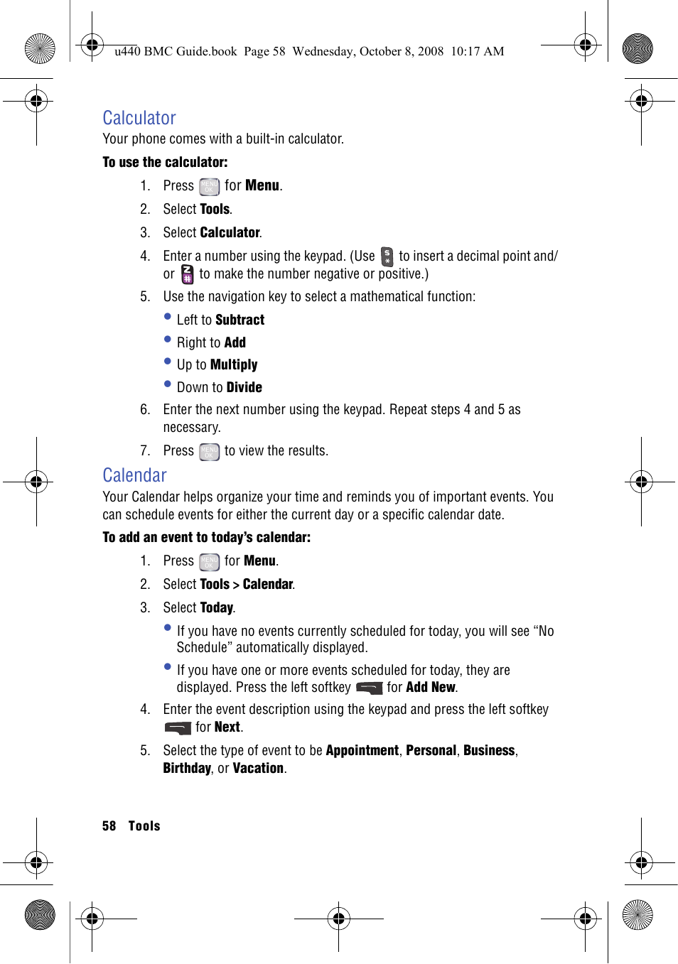 Calculator, Calendar, Calculator calendar | Samsung SCH-U440 User Manual | Page 66 / 128