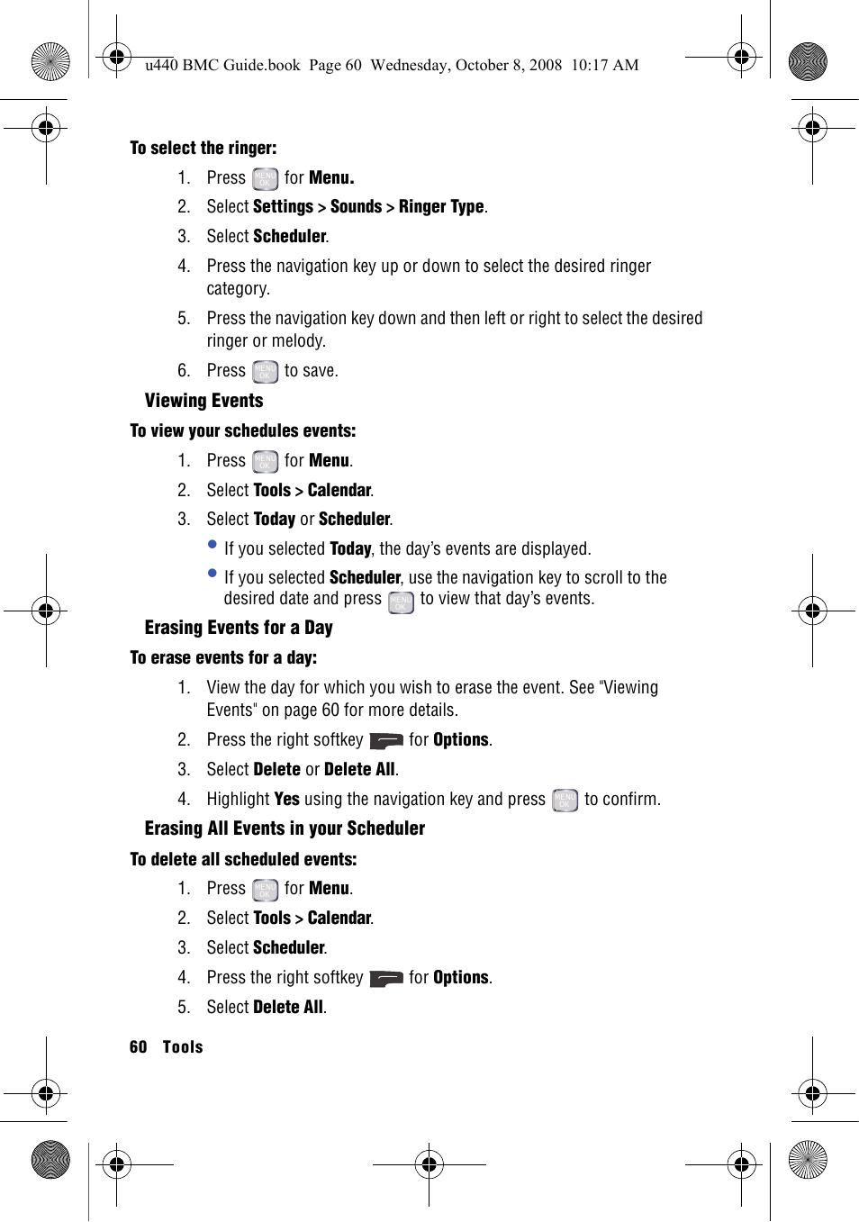 Viewing events, Erasing events for a day, Erasing all events in your scheduler | Samsung SCH-U440 User Manual | Page 68 / 128