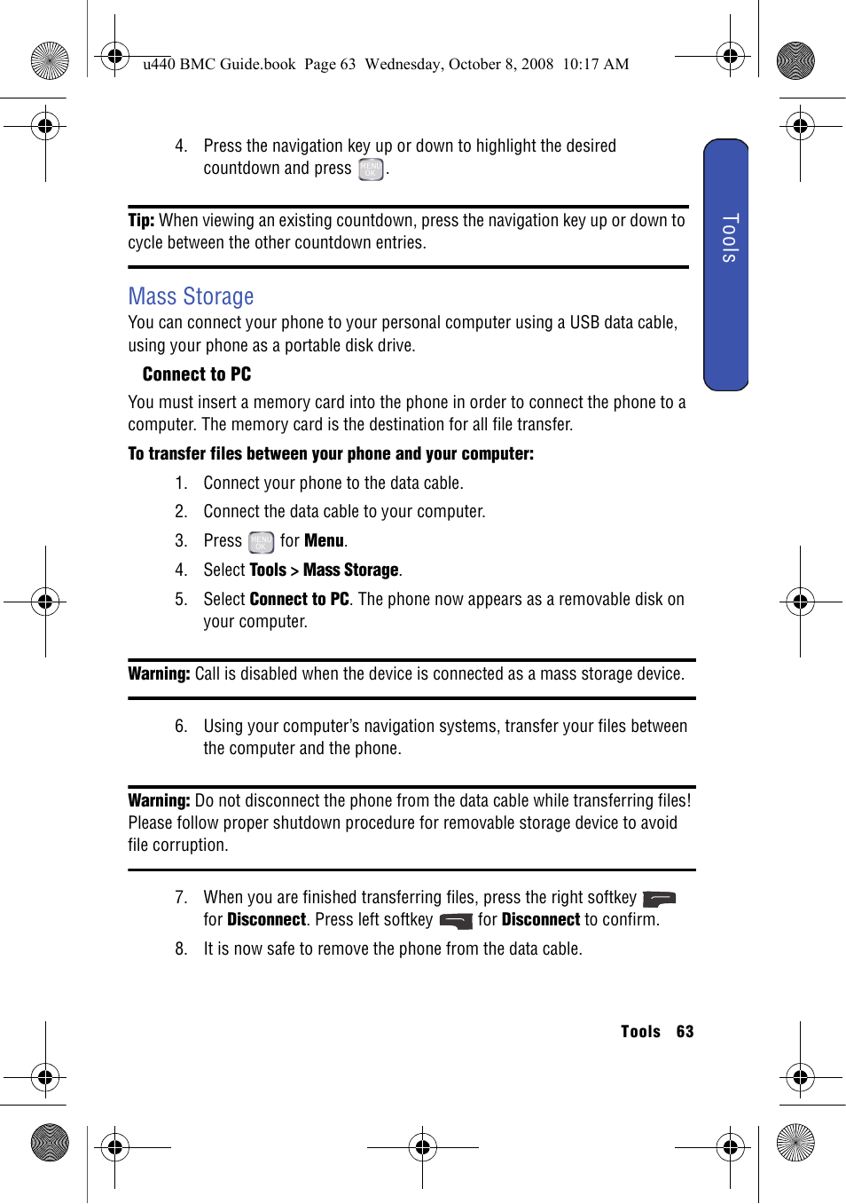 Mass storage, Connect to pc | Samsung SCH-U440 User Manual | Page 71 / 128