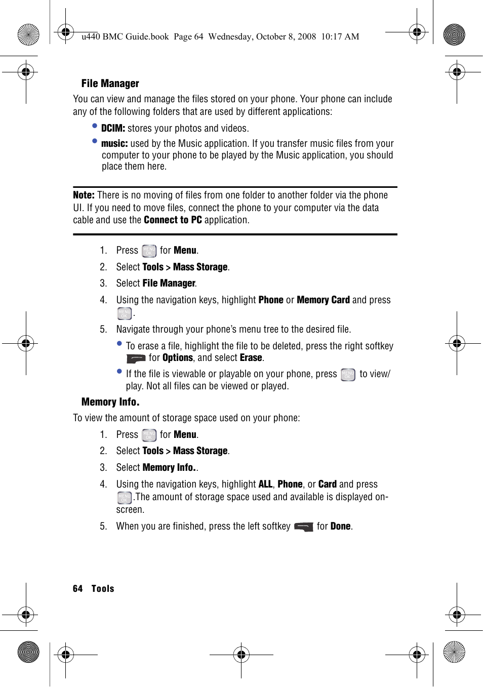 File manager, Memory info | Samsung SCH-U440 User Manual | Page 72 / 128