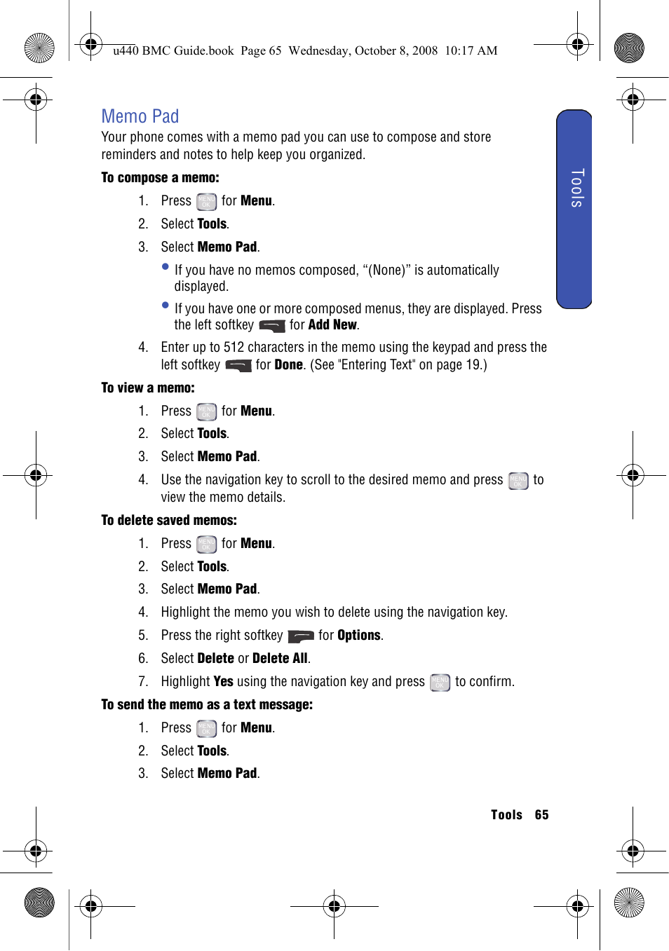 Memo pad | Samsung SCH-U440 User Manual | Page 73 / 128