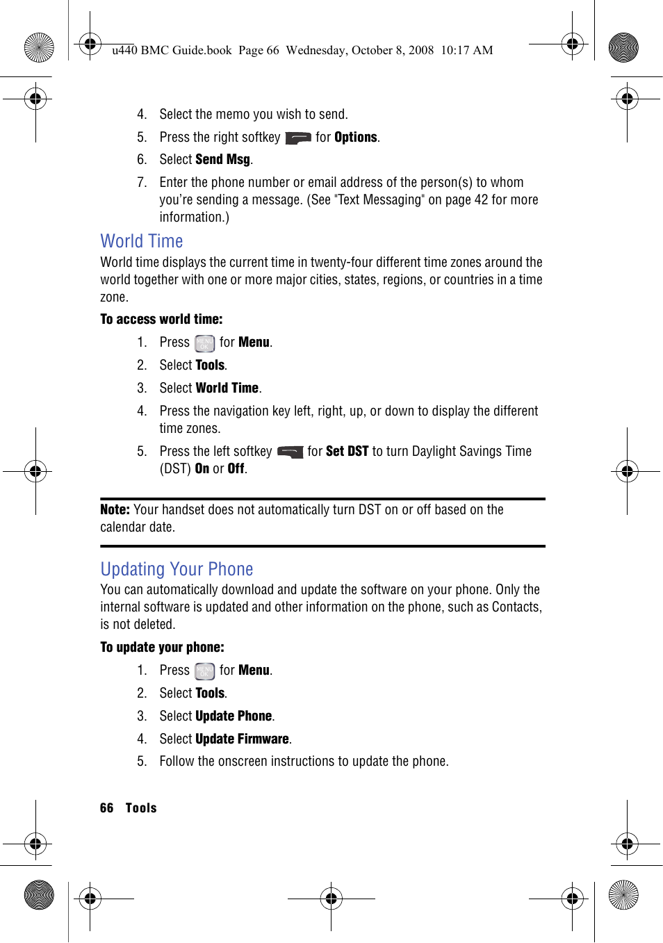 World time, Updating your phone, World time updating your phone | Samsung SCH-U440 User Manual | Page 74 / 128