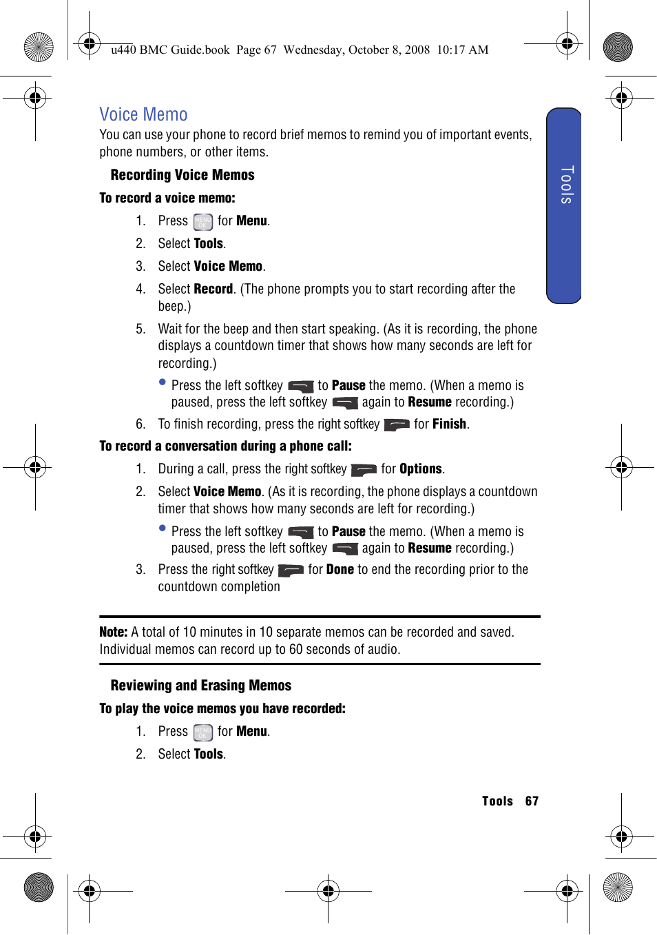 Voice memo, Recording voice memos, Reviewing and erasing memos | Samsung SCH-U440 User Manual | Page 75 / 128