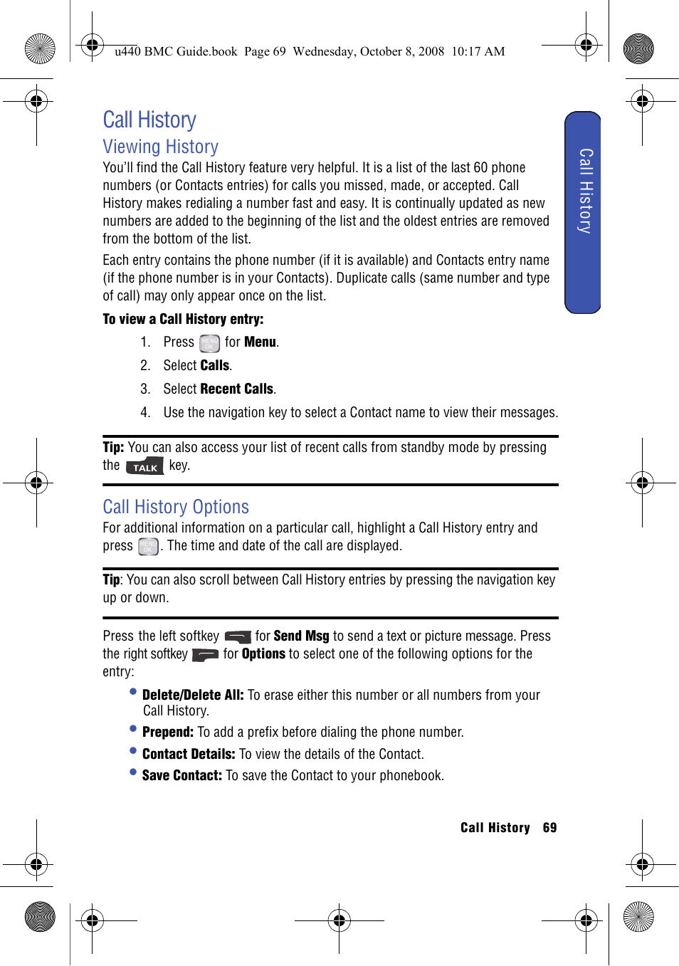 Call history, Viewing history, Call history options | Viewing history call history options | Samsung SCH-U440 User Manual | Page 77 / 128