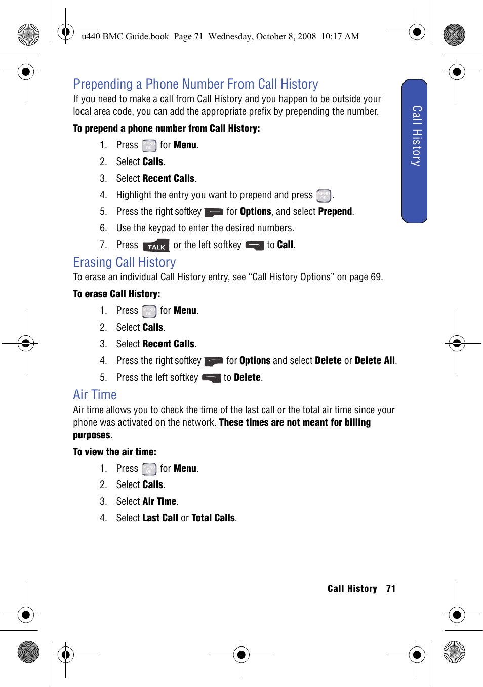 Prepending a phone number from call history, Erasing call history, Air time | Cal l history | Samsung SCH-U440 User Manual | Page 79 / 128