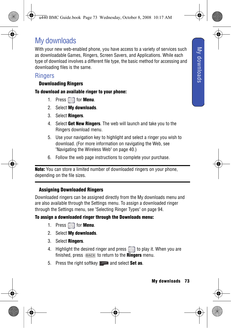 My downloads, Ringers, Downloading ringers | Assigning downloaded ringers | Samsung SCH-U440 User Manual | Page 81 / 128