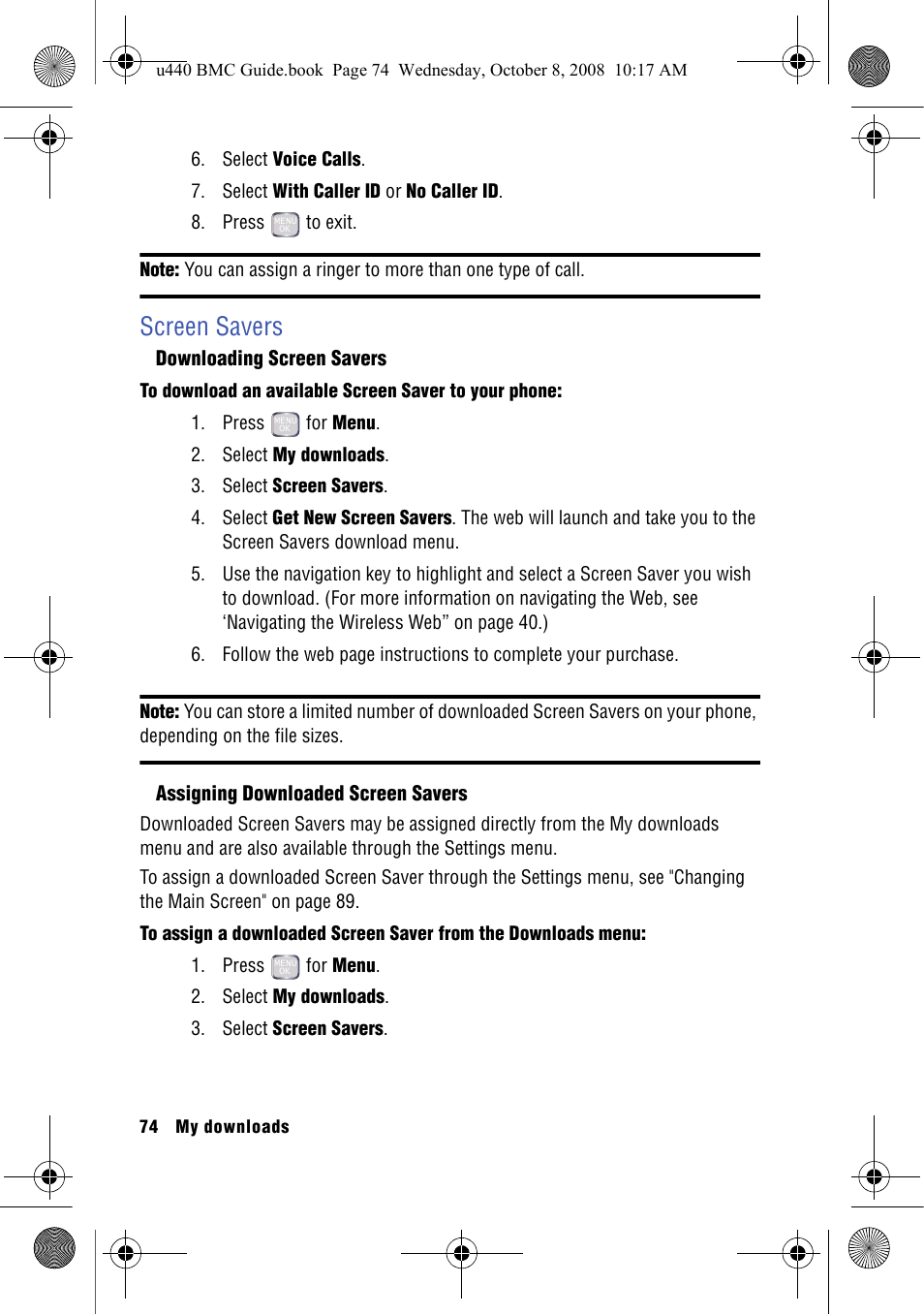 Screen savers, Downloading screen savers, Assigning downloaded screen savers | Samsung SCH-U440 User Manual | Page 82 / 128