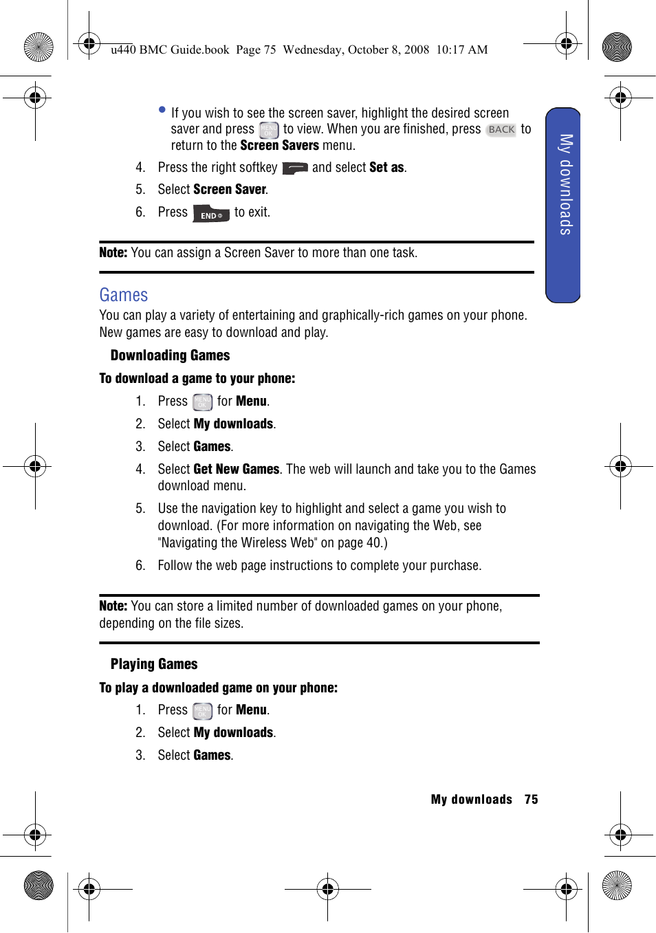 Games, Downloading games, Playing games | My downloads | Samsung SCH-U440 User Manual | Page 83 / 128