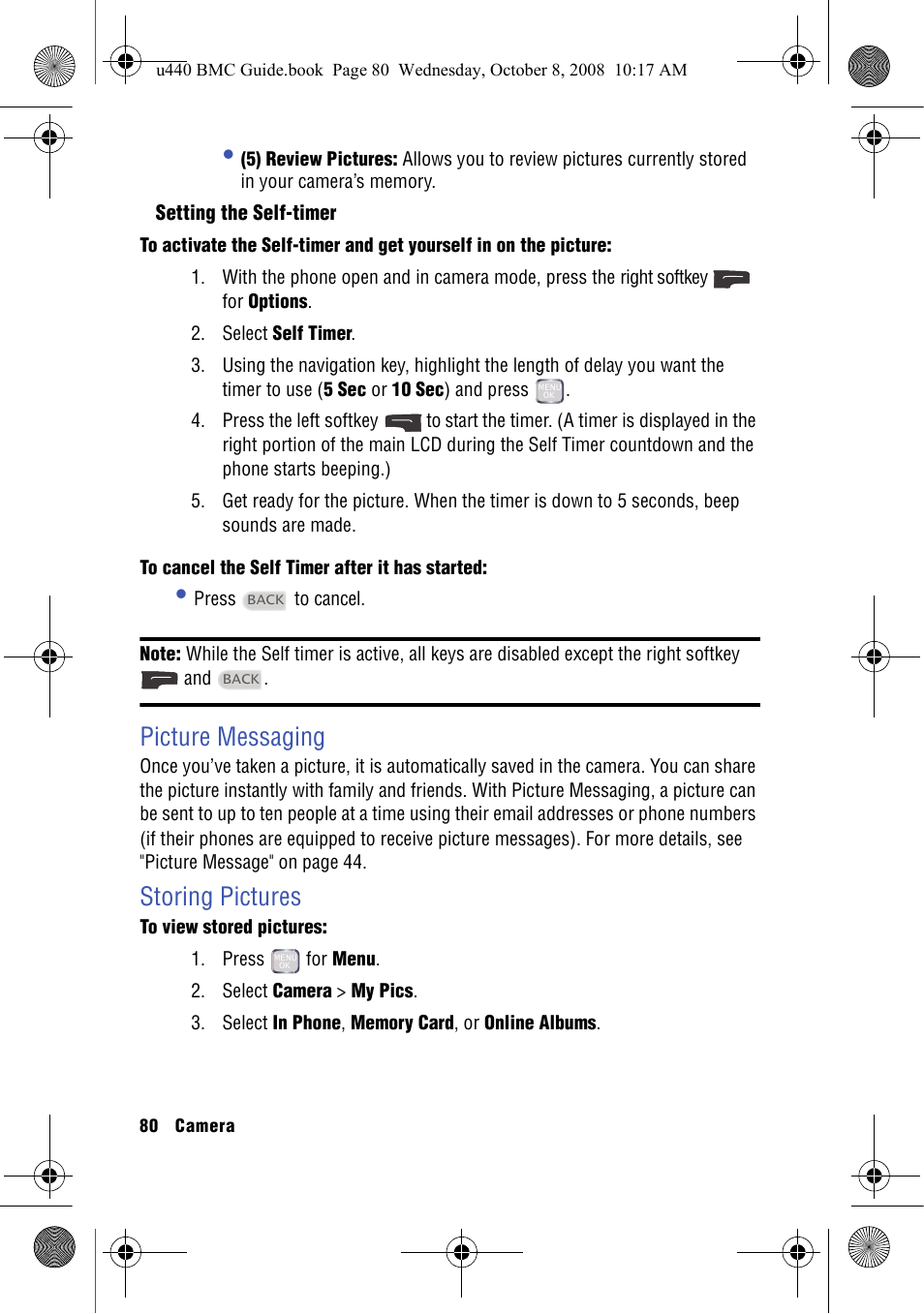 Setting the self-timer, Picture messaging, Storing pictures | Picture messaging storing pictures | Samsung SCH-U440 User Manual | Page 88 / 128