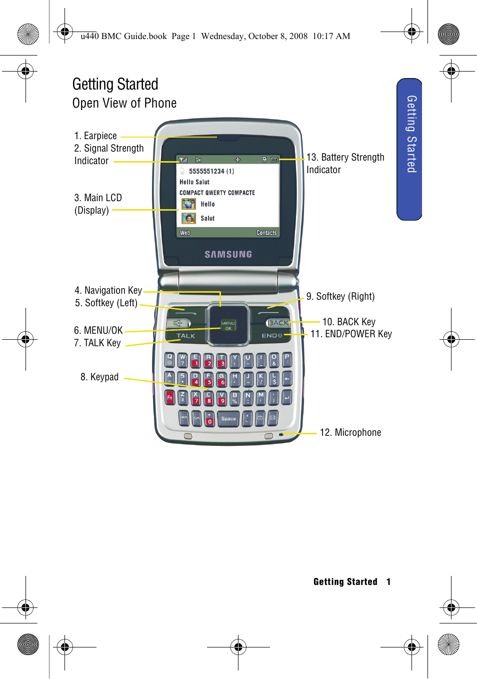 Getting started, Open view of phone | Samsung SCH-U440 User Manual | Page 9 / 128