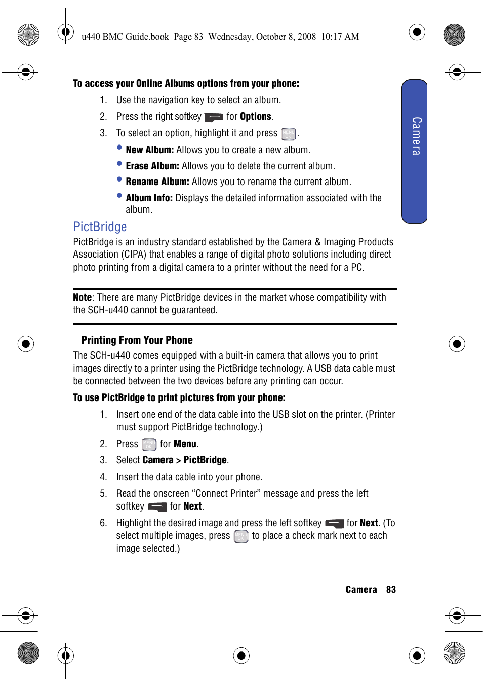 Pictbridge, Printing from your phone, Ca me ra | Samsung SCH-U440 User Manual | Page 91 / 128