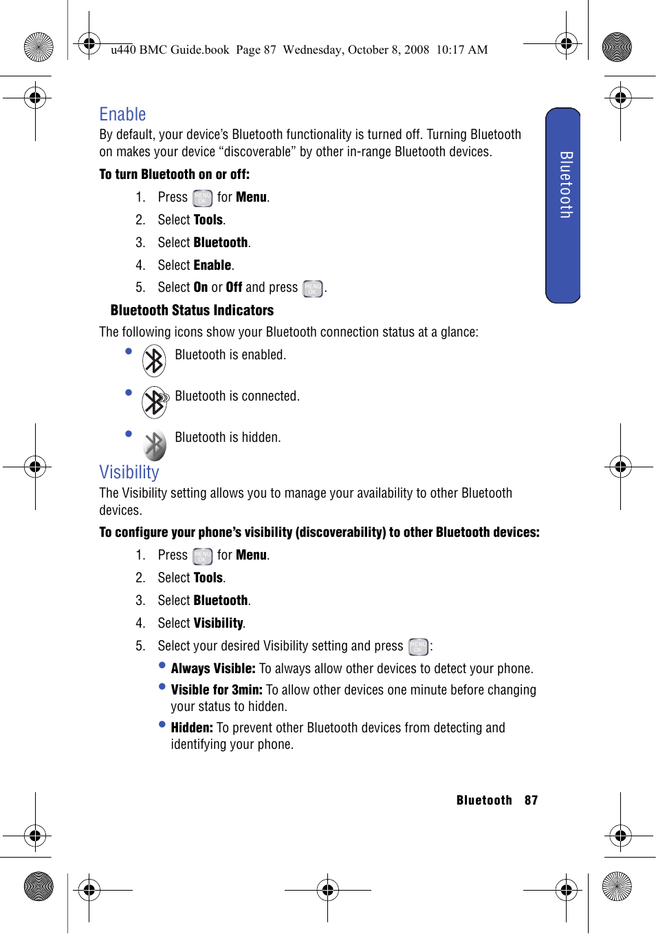 Enable, Bluetooth status indicators, Visibility | Enable visibility, Blueto oth | Samsung SCH-U440 User Manual | Page 95 / 128