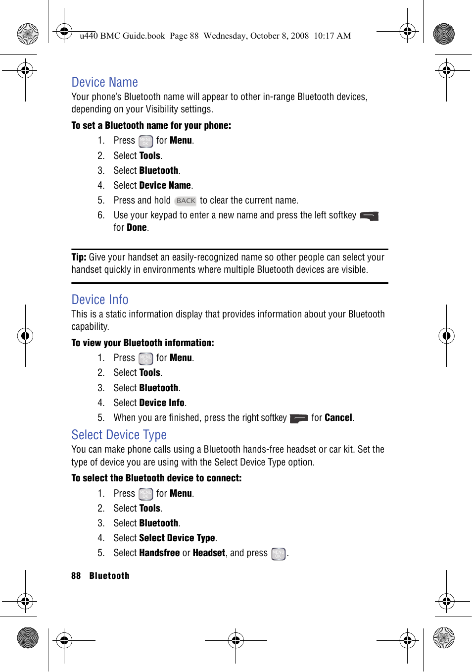 Device name, Device info, Select device type | Device name device info select device type | Samsung SCH-U440 User Manual | Page 96 / 128