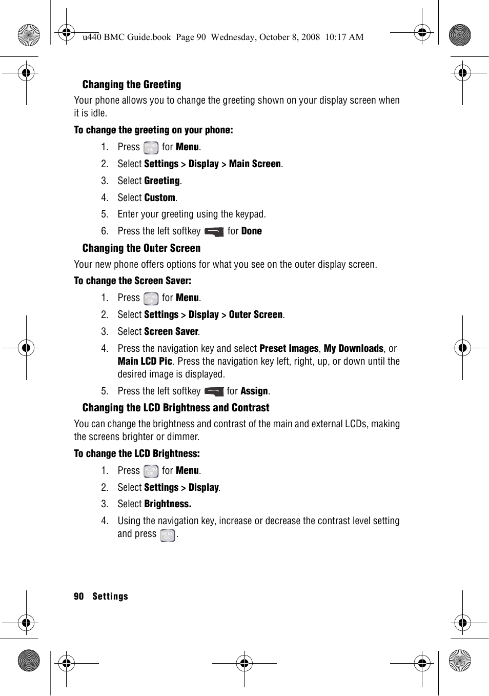 Changing the greeting, Changing the outer screen, Changing the lcd brightness and contrast | Samsung SCH-U440 User Manual | Page 98 / 128