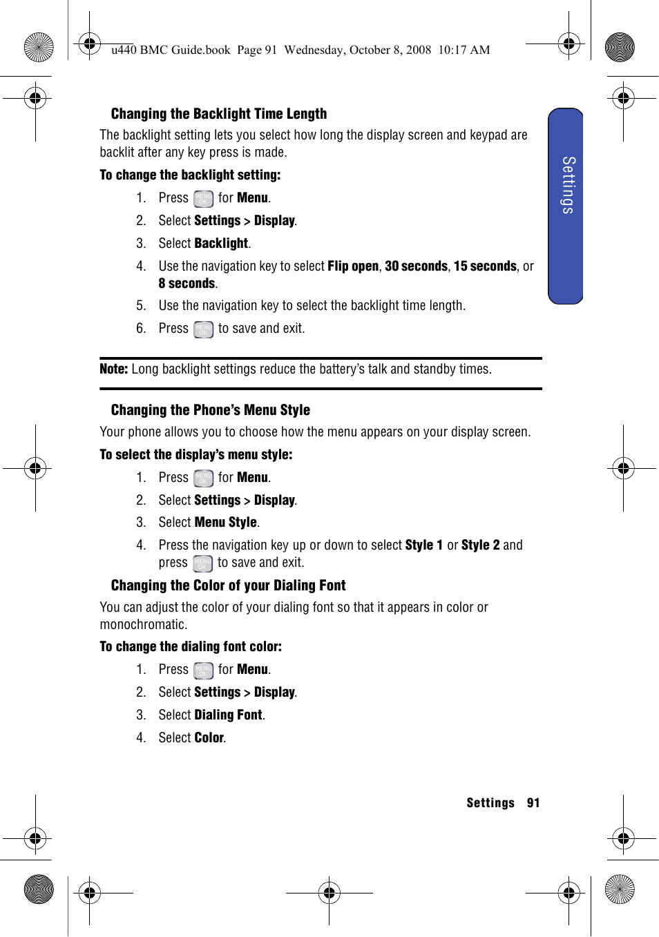 Changing the backlight time length, Changing the phone’s menu style, Changing the color of your dialing font | Settings | Samsung SCH-U440 User Manual | Page 99 / 128