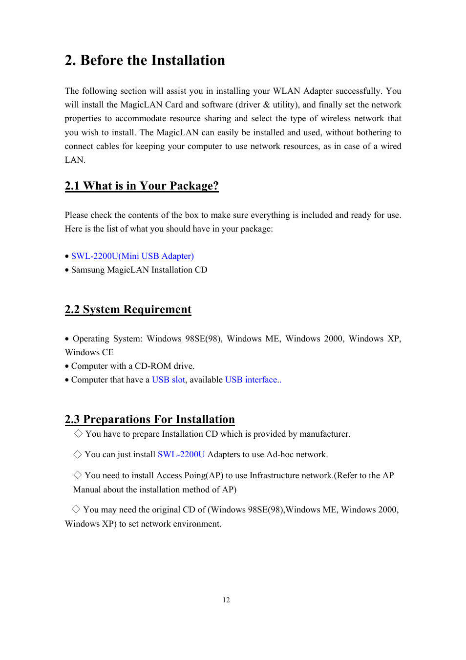 Before the installation, 1 what is in your package, 2 system requirement | 3 preparations for installation | Samsung SWL-2200U User Manual | Page 12 / 64