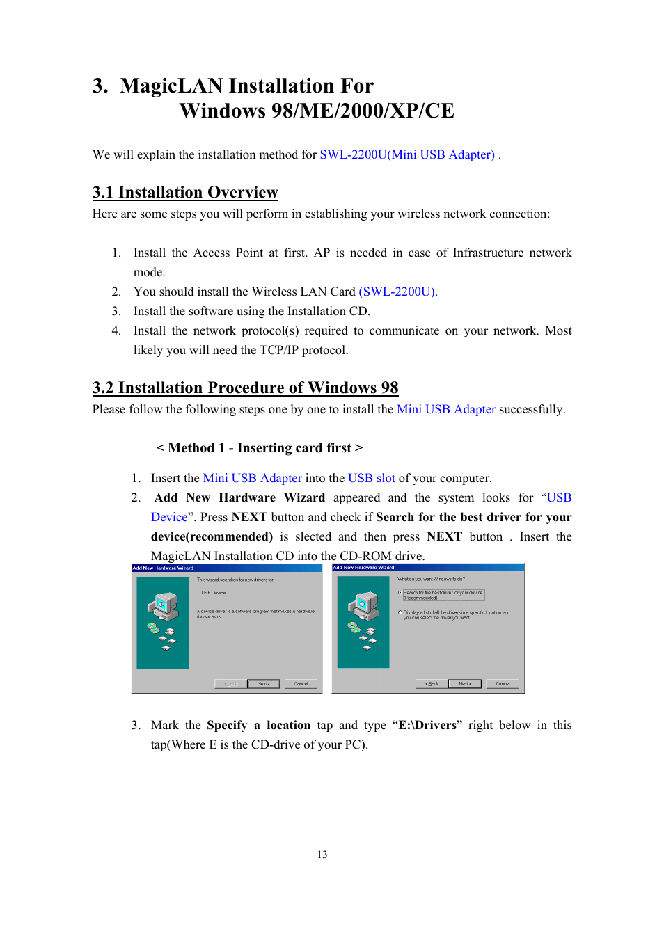 1 installation overview, 2 installation procedure of windows 98 | Samsung SWL-2200U User Manual | Page 13 / 64