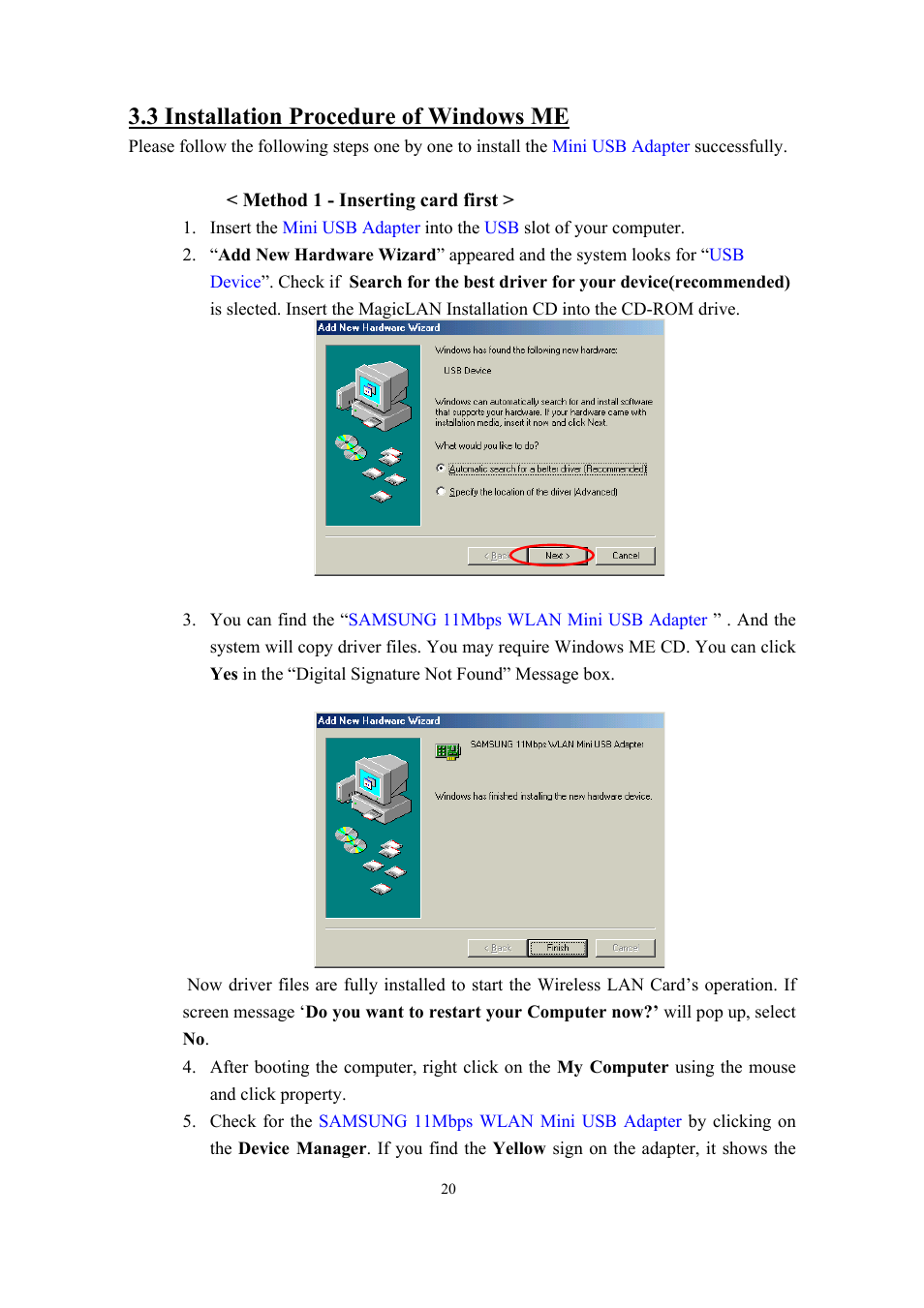 3 installation procedure of windows me | Samsung SWL-2200U User Manual | Page 20 / 64