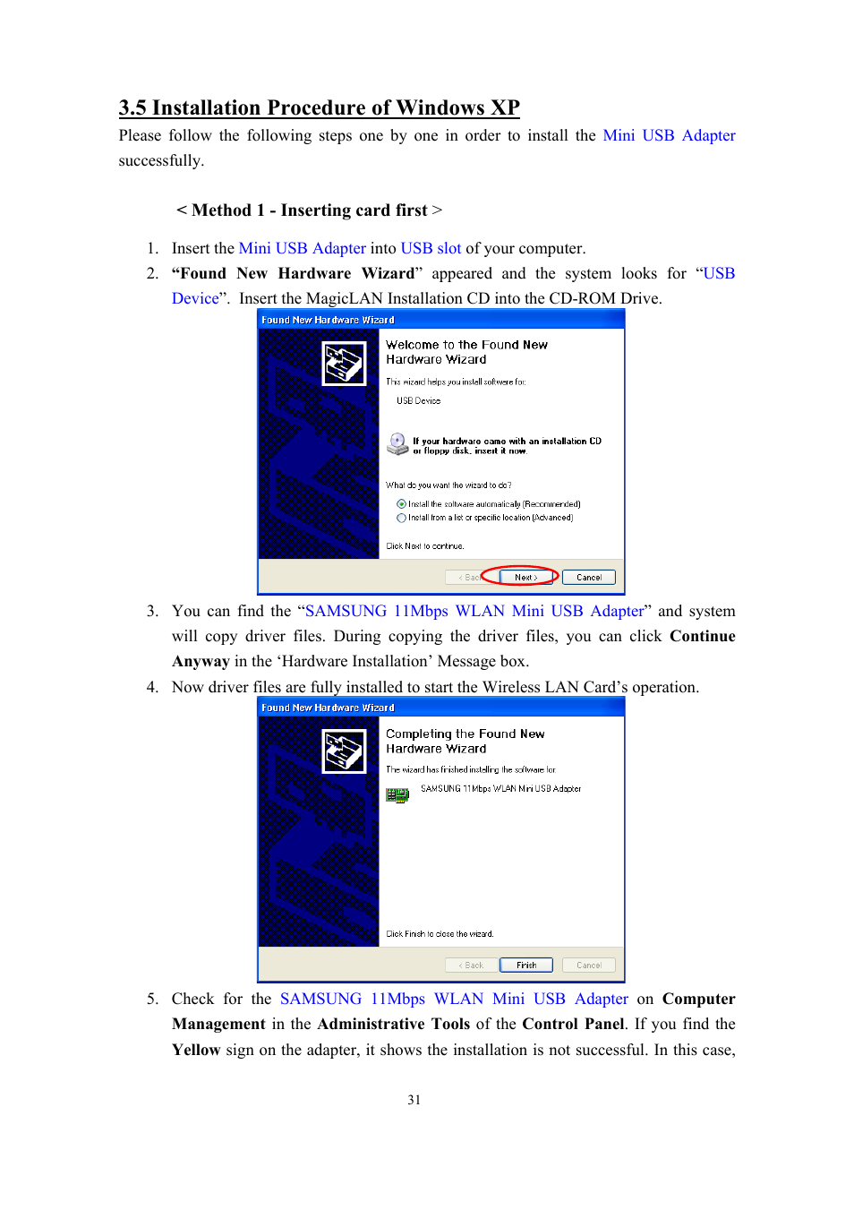 5 installation procedure of windows xp | Samsung SWL-2200U User Manual | Page 31 / 64