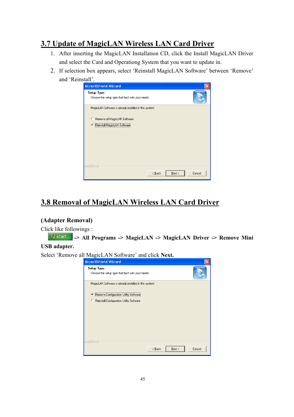 7 update of magiclan wireless lan card driver, 8 removal of magiclan wireless lan card driver | Samsung SWL-2200U User Manual | Page 45 / 64
