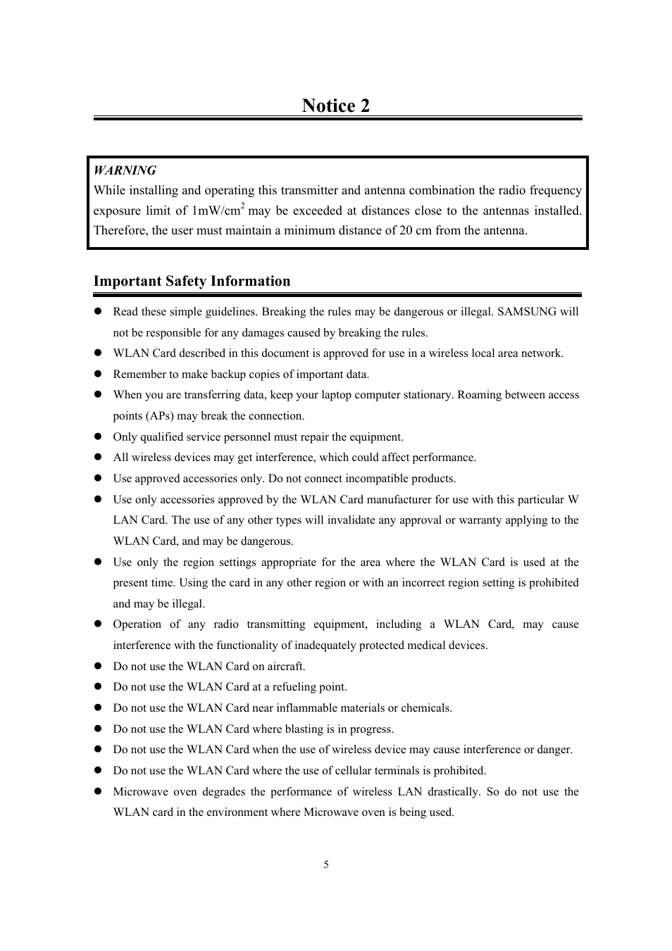 Notice 2, Important safety information | Samsung SWL-2200U User Manual | Page 5 / 64