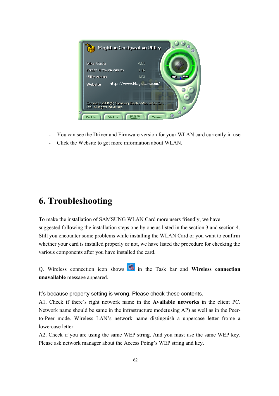 Troubleshooting | Samsung SWL-2200U User Manual | Page 62 / 64