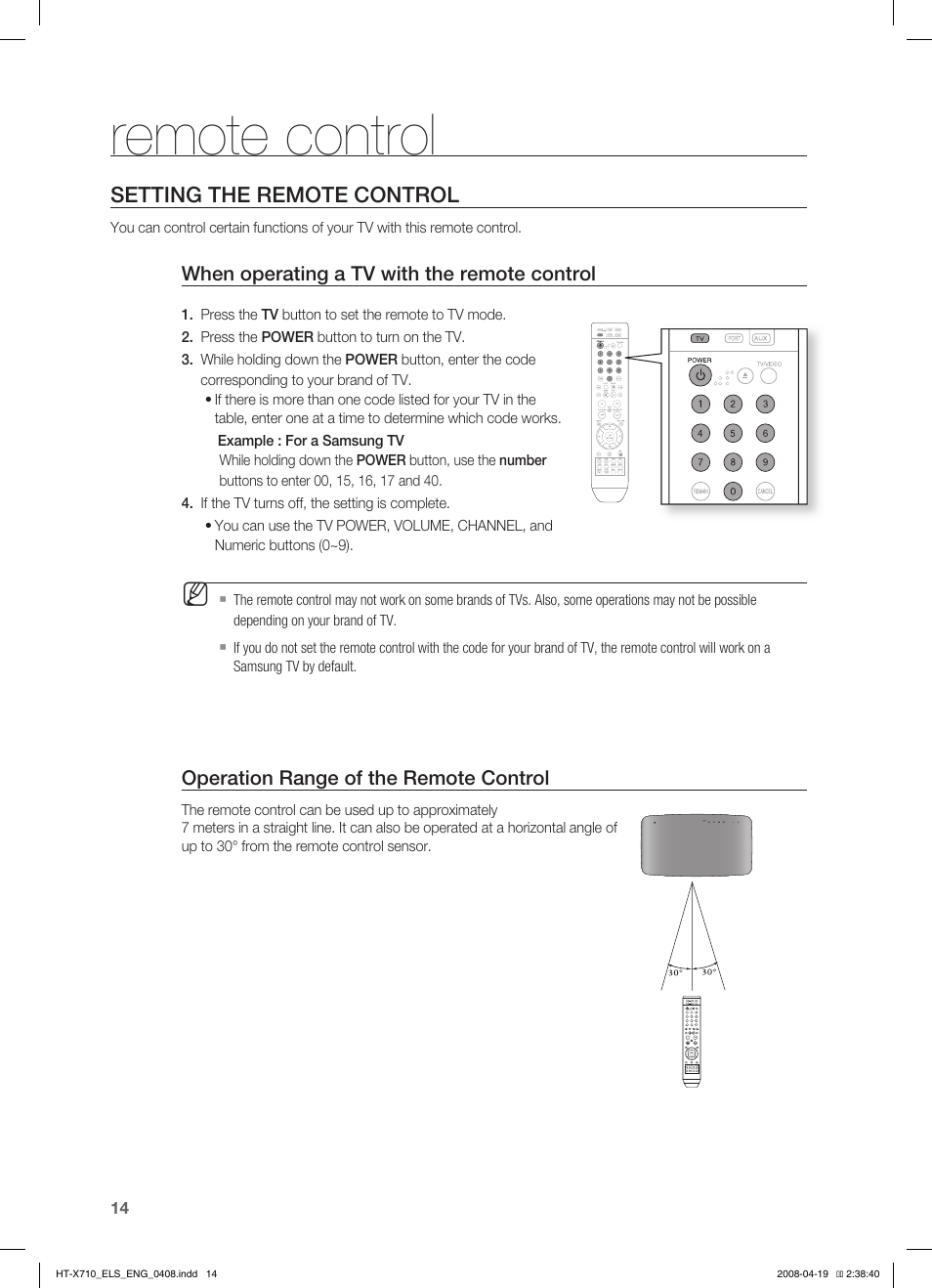 Setting the remote control, Remote control | Samsung HT-X710 User Manual | Page 14 / 59