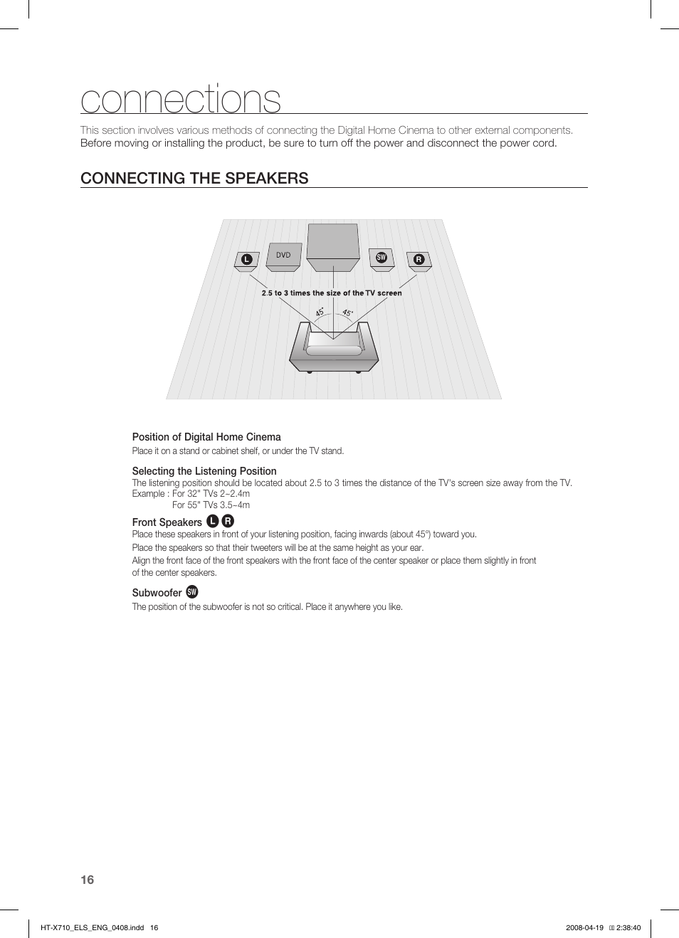 Connections, Conecting the speakers, Connecting the speakers | Samsung HT-X710 User Manual | Page 16 / 59