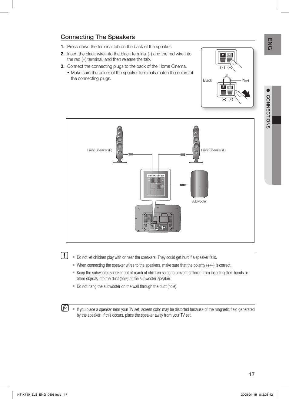 Connecting the speakers | Samsung HT-X710 User Manual | Page 17 / 59