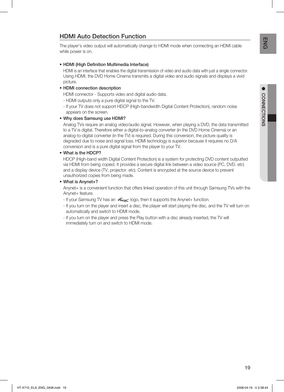 Hdmi auto detection function | Samsung HT-X710 User Manual | Page 19 / 59