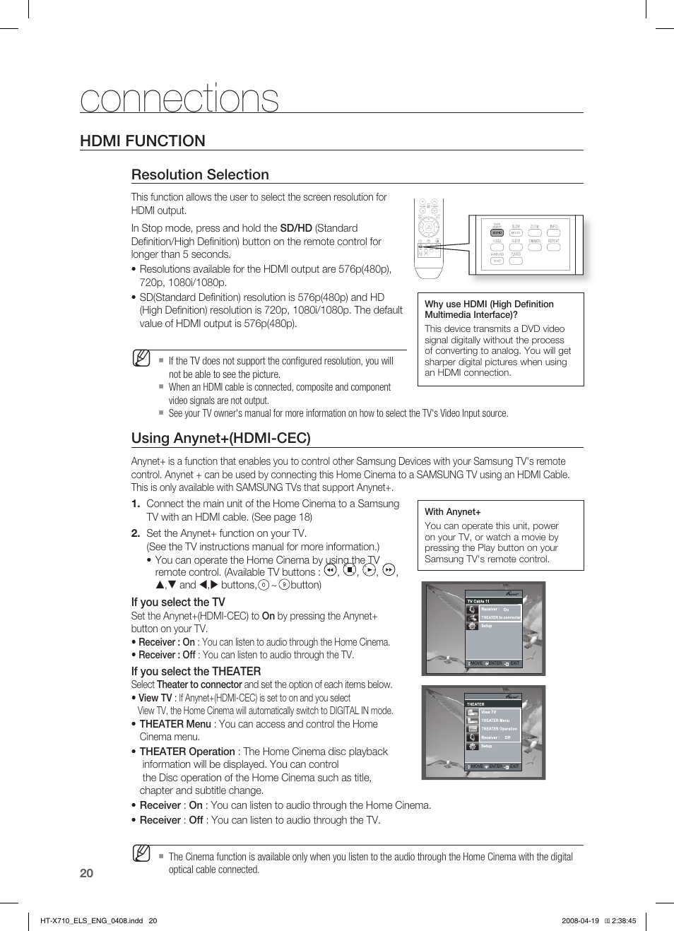 Hdmi function, Connections, Resolution selection | Using anynet+(hdmi-cec), If you select the tv, If you select the theater | Samsung HT-X710 User Manual | Page 20 / 59