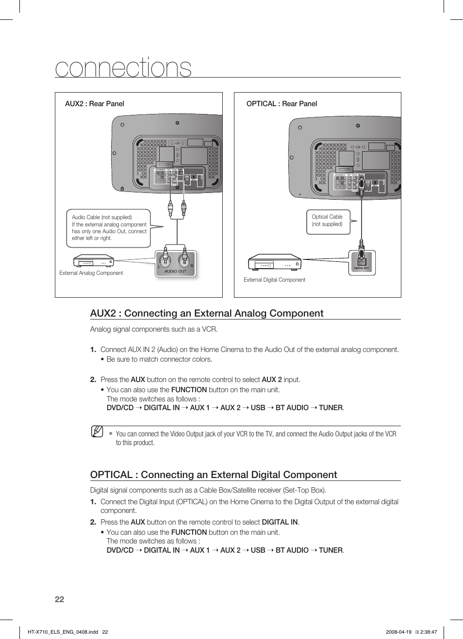 Connections, Aux2 : connecting an external analog component, Optical : connecting an external digital component | Samsung HT-X710 User Manual | Page 22 / 59