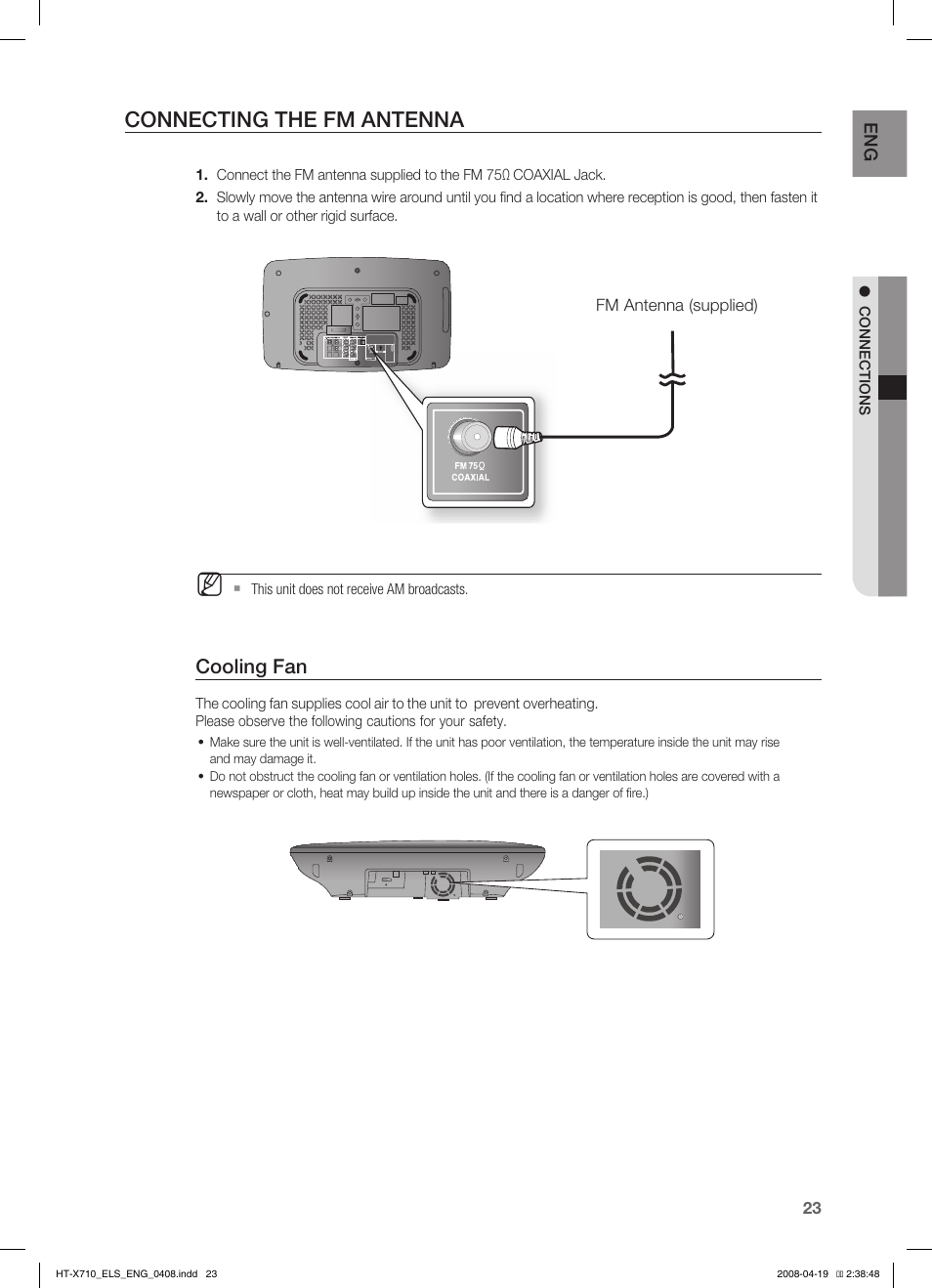 Connecting the fm antenna, Cooling fan | Samsung HT-X710 User Manual | Page 23 / 59