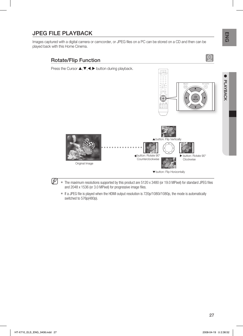 Jpeg file playback, Rotate/flip function | Samsung HT-X710 User Manual | Page 27 / 59